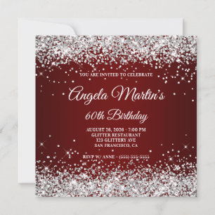 Invitación Purpurina de Plata Burgundy Ombre Cumpleaños 60