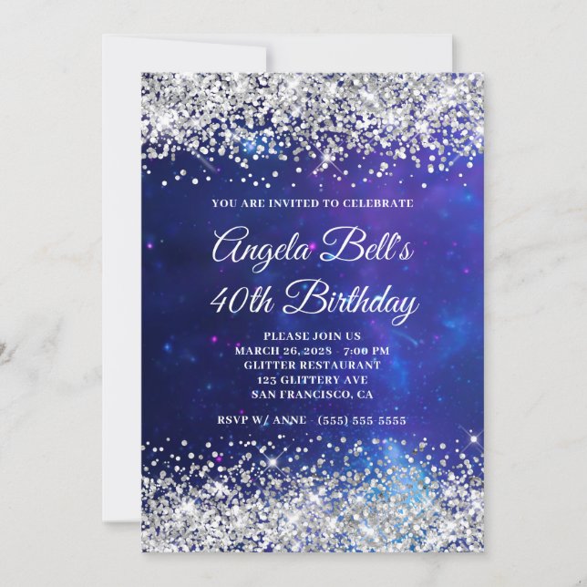 Invitación Purpurina de Plata Celestial Aqua Blue 40 cumpleañ (Anverso)