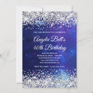 Invitación Purpurina de Plata Celestial Aqua Blue 40 cumpleañ
