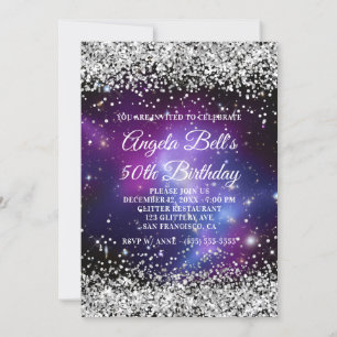 Invitación Purpurina de Plata Celestial Purple 50 cumpleaños