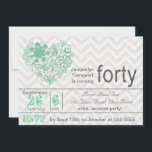 Invitación Purpurina de Plata Chevron Stripe 40th Birthday In<br><div class="desc">La invitación a los 40 años de estilo moderno incluye un fondo de rayas de chevron purpurinoso plateado,  corazón floral de verde verde azulado,  texto que lee Celebrate Sixty,  y áreas en las que puedes personalizar con los nombres de los fiestas de 40 años y detalles de fiestas.</div>