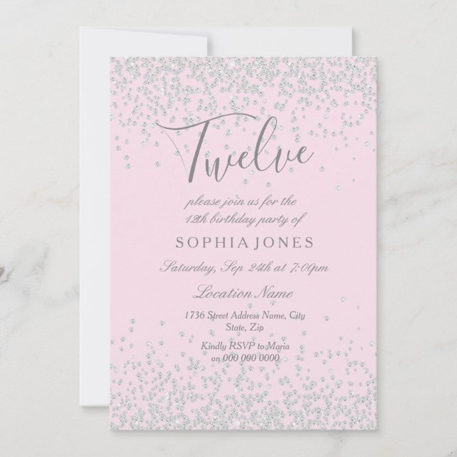 Invitación Purpurina de plata Chicas rosados 12º cumpleaños (Anverso)