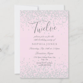 Invitación Purpurina de plata Chicas rosados 12º cumpleaños