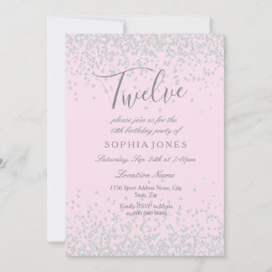 Invitación Purpurina de plata Chicas rosados 12º cumpleaños