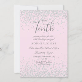 Invitación Purpurina de Plata Chicas Rosados Décimo Partido d