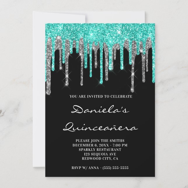Invitación Purpurina de plata cian gotea quinceañera negra (Anverso)