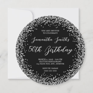Invitación Purpurina de plata circular negro 50 cumpleaños