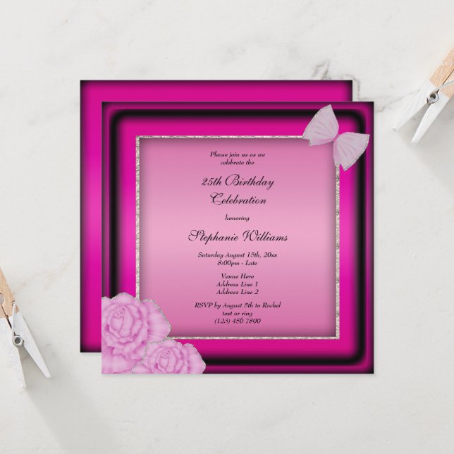 Invitación Purpurina de Plata Clásico, Floral Rosa y Cumpleañ (Anverso/Reverso In Situ)