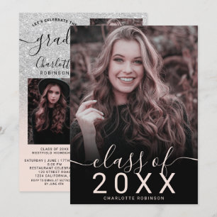 Invitación Purpurina de plata color rosa oscuro 5 fotos gradu