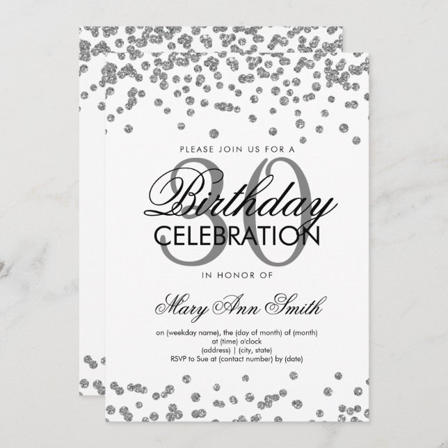 Invitación Purpurina de Plata Confetti 30 años Blanco (Anverso / Reverso)