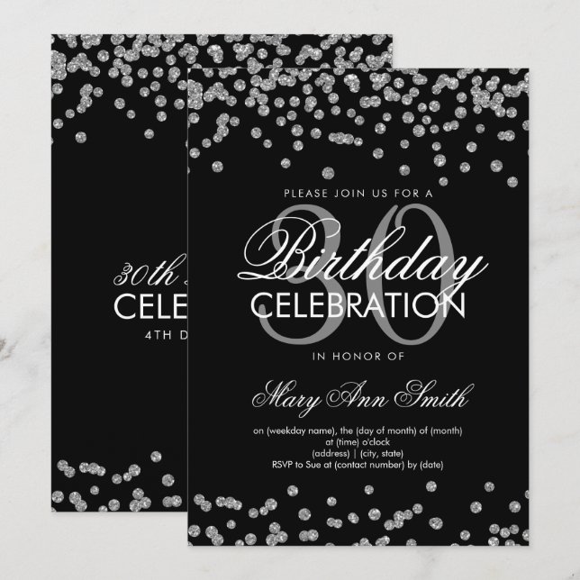 Invitación Purpurina de plata Confetti 30 cumpleaños negro (Anverso / Reverso)