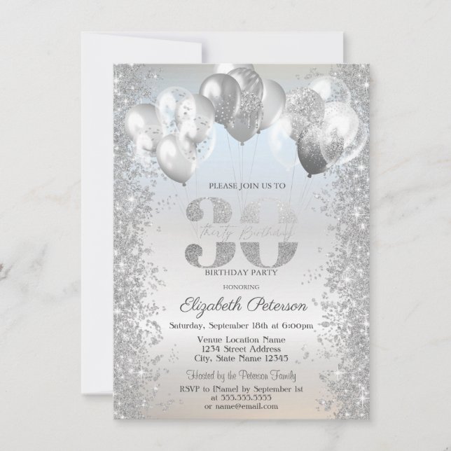 Invitación Purpurina de Plata Confetti Globos 30 cumpleaños (Anverso)