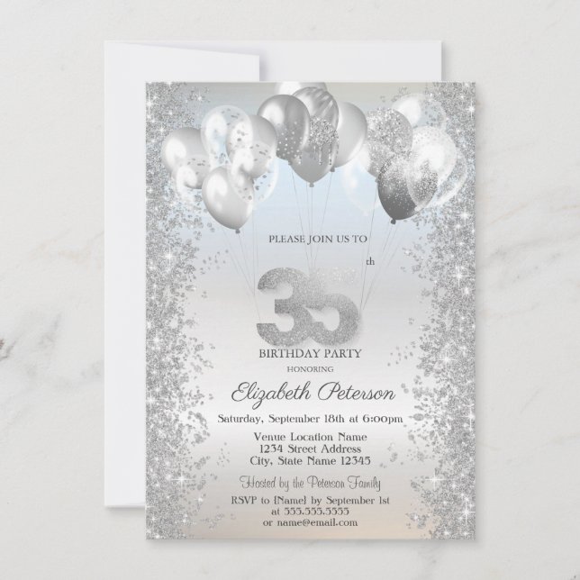 Invitación Purpurina de Plata Confetti Globos 35 cumpleaños (Anverso)