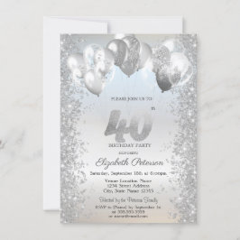 Invitación Purpurina de Plata Confetti Globos 40 cumpleaños