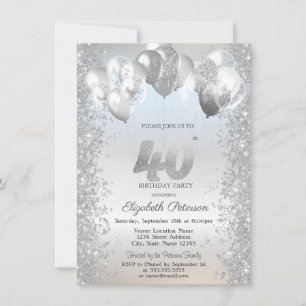 Invitación Purpurina de Plata Confetti Globos 40 cumpleaños