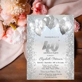 Invitación Purpurina de Plata Confetti Globos 40 cumpleaños