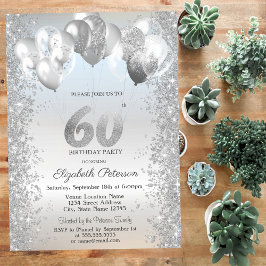 Invitación Purpurina de Plata Confetti Globos 60 cumpleaños