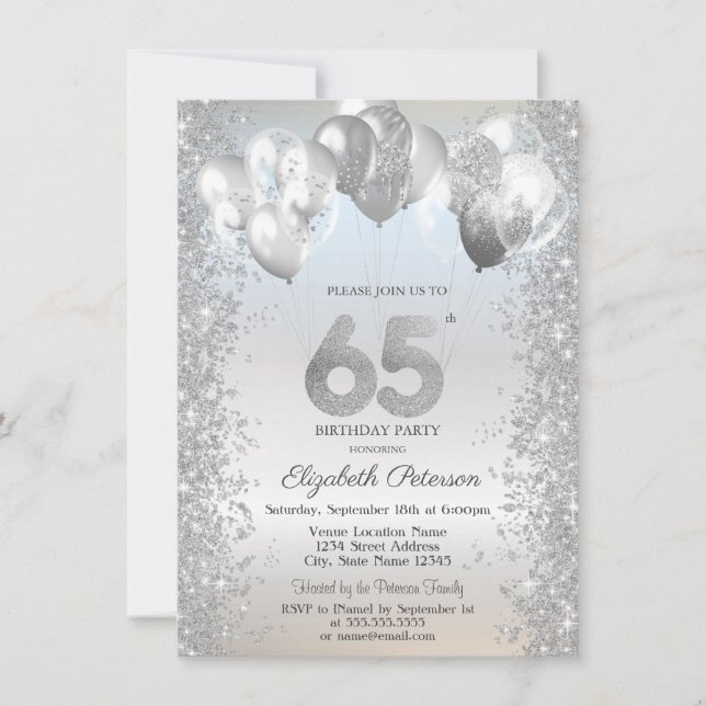 Invitación Purpurina de Plata Confetti Globos 65º cumpleaños (Anverso)