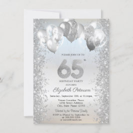 Invitación Purpurina de Plata Confetti Globos 65º cumpleaños