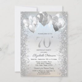 Invitación Purpurina de Plata Confetti Globos 70 cumpleaños
