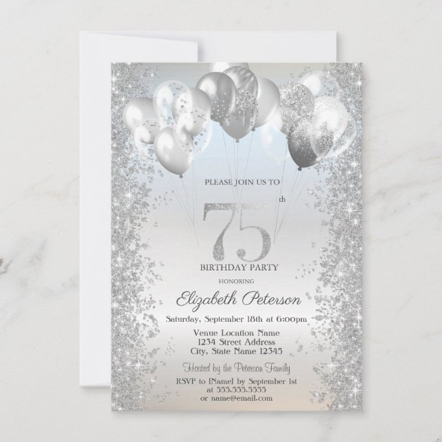 Invitación Purpurina de Plata Confetti Globos 75º cumpleaños (Anverso)