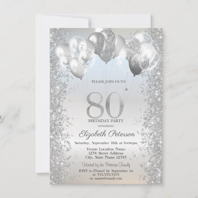 Invitación Purpurina de Plata Confetti Globos 80 cumpleaños (Anverso)