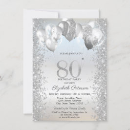 Invitación Purpurina de Plata Confetti Globos 80 cumpleaños