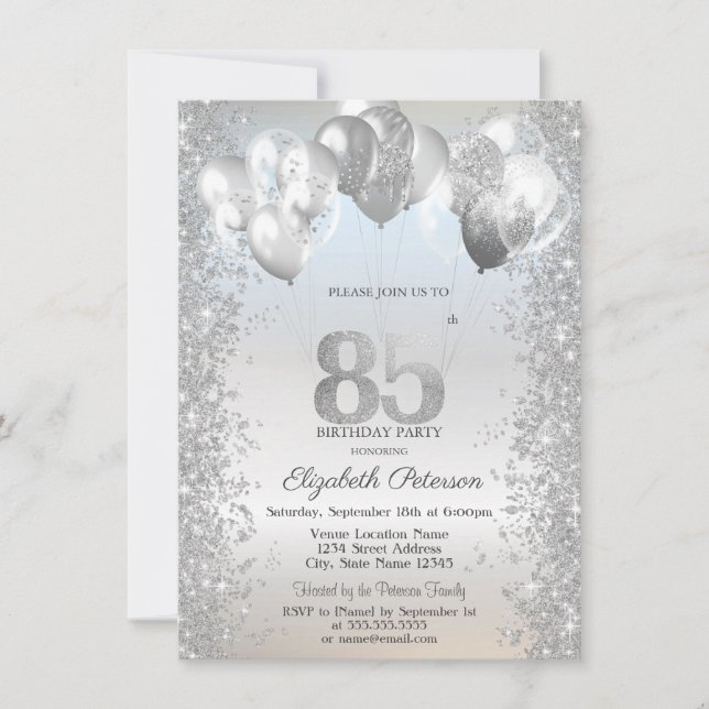 Invitación Purpurina de Plata Confetti Globos 85º cumpleaños (Anverso)