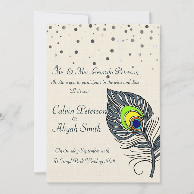 Invitación Purpurina de plata Confetti Peacock Feathers Boda (Anverso)