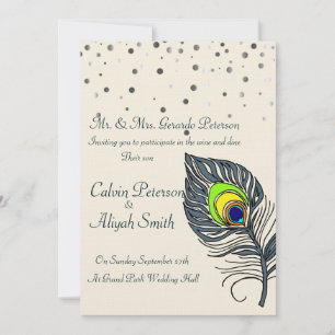Invitación Purpurina de plata Confetti Peacock Feathers Boda