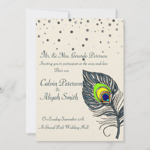 Invitación Purpurina de plata Confetti Peacock Feathers Boda