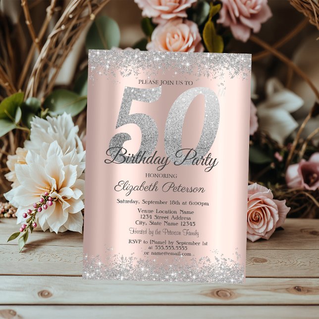 Invitación Purpurina de Plata Confetti Rosa Oro 50 cumpleaños (Subido por el creador)