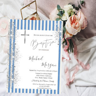 Invitación Purpurina de plata cruzada de bautismo de confetti