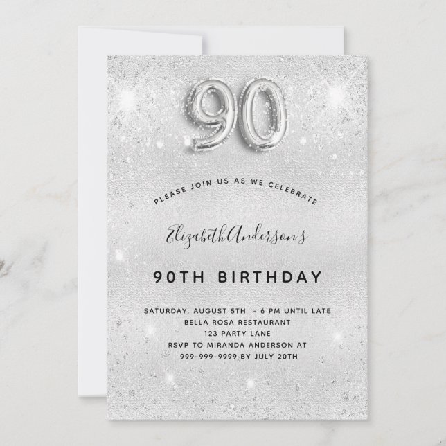 Invitación Purpurina de plata cumpleaños 90 (Anverso)