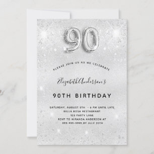 Invitación Purpurina de plata cumpleaños 90