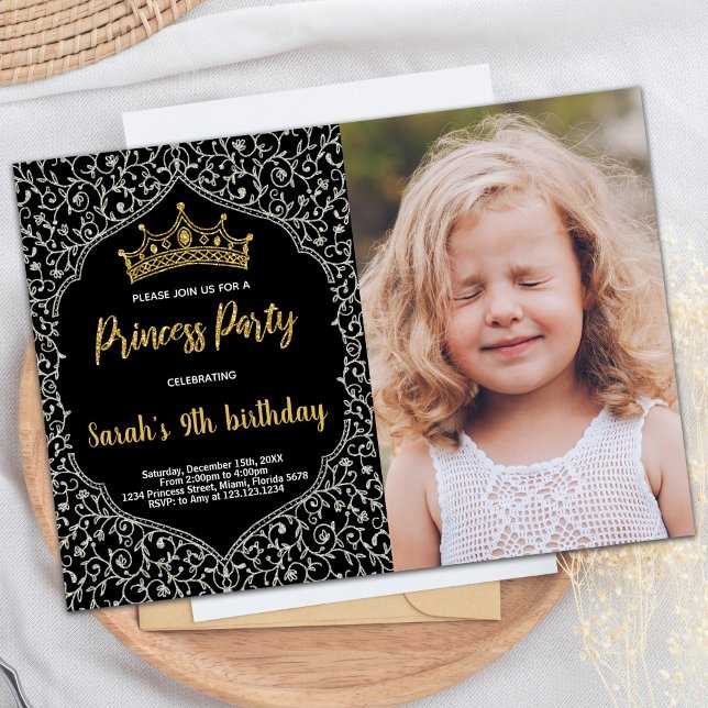 Invitación Purpurina de Plata, cumpleaños de Princesa Blanca (Photo Silver Glitter White Princess Birthday Invitation)