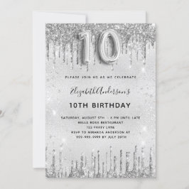 Invitación purpurina de plata de 10 años chica glamuroso