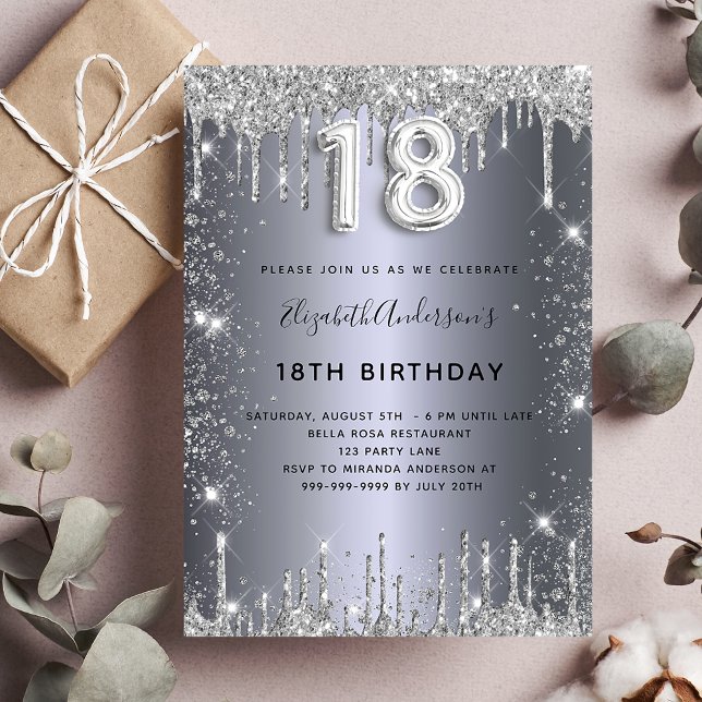Invitación purpurina de plata de 18 años glamuroso (Subido por el creador)