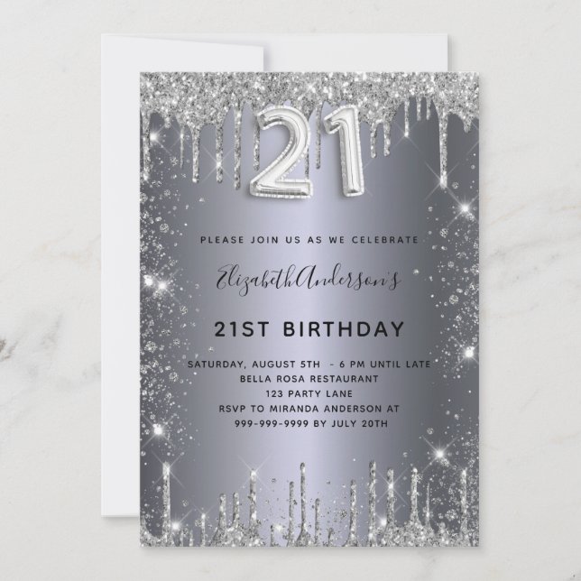 Invitación purpurina de plata de 21 años (Anverso)
