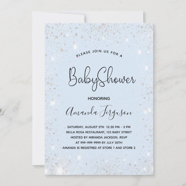 Invitación purpurina de plata de bebé azul de Baby Shower (Anverso)