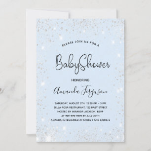 Invitación purpurina de plata de bebé azul de Baby Shower