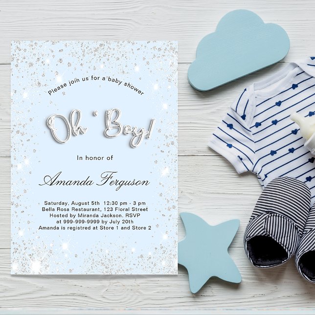 Invitación purpurina de plata de bebé azul de Baby Shower (Subido por el creador)