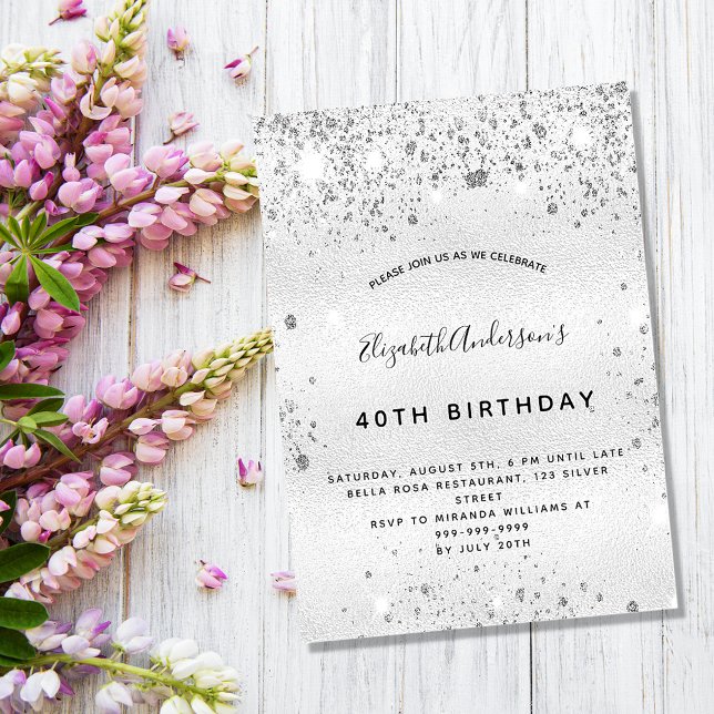 Invitación Purpurina de plata de cumpleaños elegante glamoros (Subido por el creador)