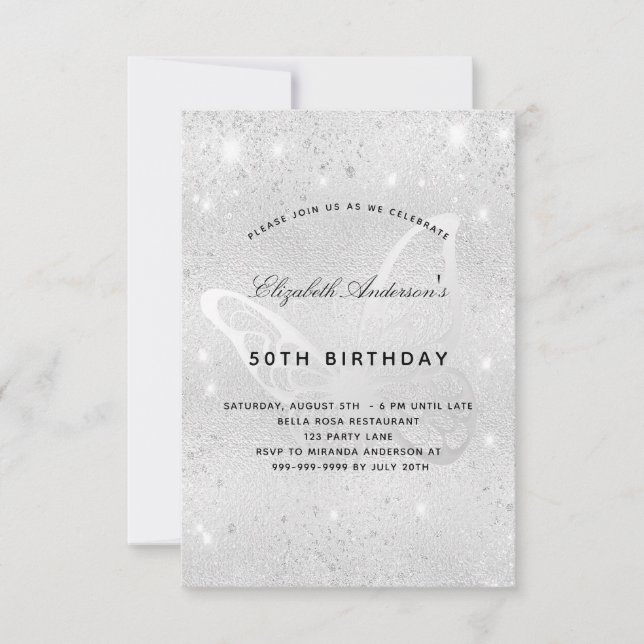 Invitación Purpurina de plata de cumpleaños polvo mariposa el (Anverso)