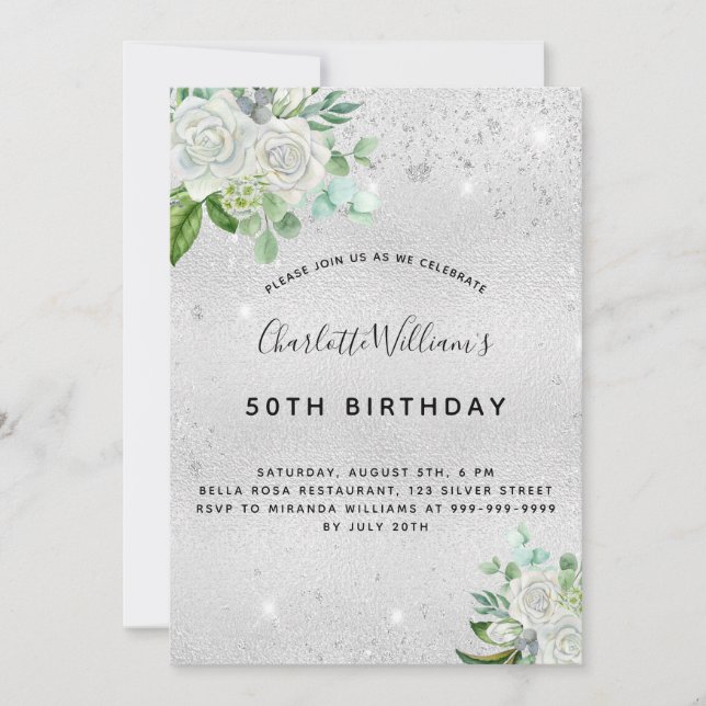 Invitación Purpurina de plata de cumpleaños vegetación floral (Anverso)