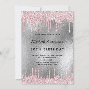 Invitación Purpurina de plata de fiesta de cumpleaños gotea d