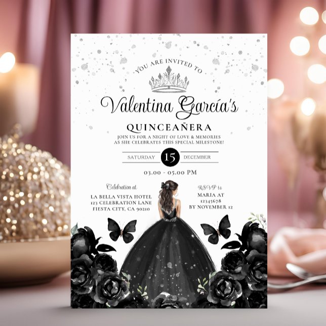Invitación Purpurina de Plata de Flores Negras Quinceañera 15 (Subido por el creador)