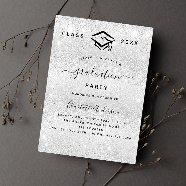 Invitación Purpurina de plata de graduación lujo moderno (Subido por el creador)