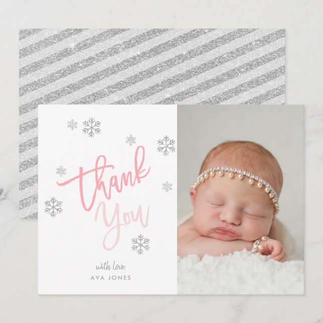 Invitación Purpurina De Plata De Invierno Snowflake Gracias F (Anverso / Reverso)