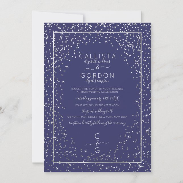Invitación Purpurina de plata de la marina de moda Boda front (Anverso)